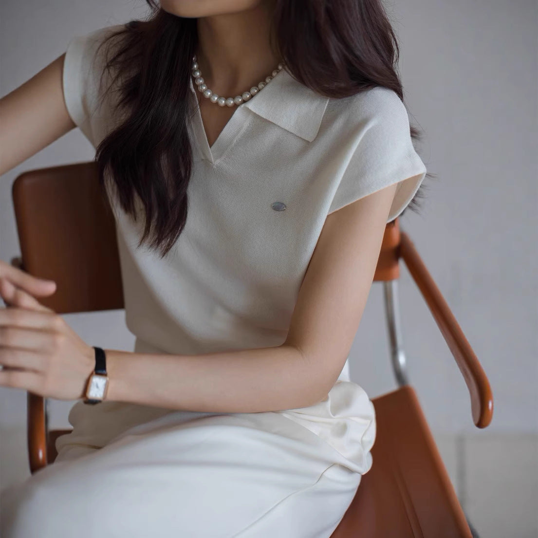 White linen tencel lapel knitted short-sleeved women's commuter new summer temperament short polo shirt and top