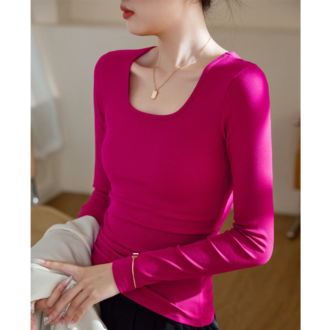 Selection of high elastic threaded cotton square neck T-shirt women's long sleeves 2026 autumn wear new outer body shirt bottoming shirt top tide