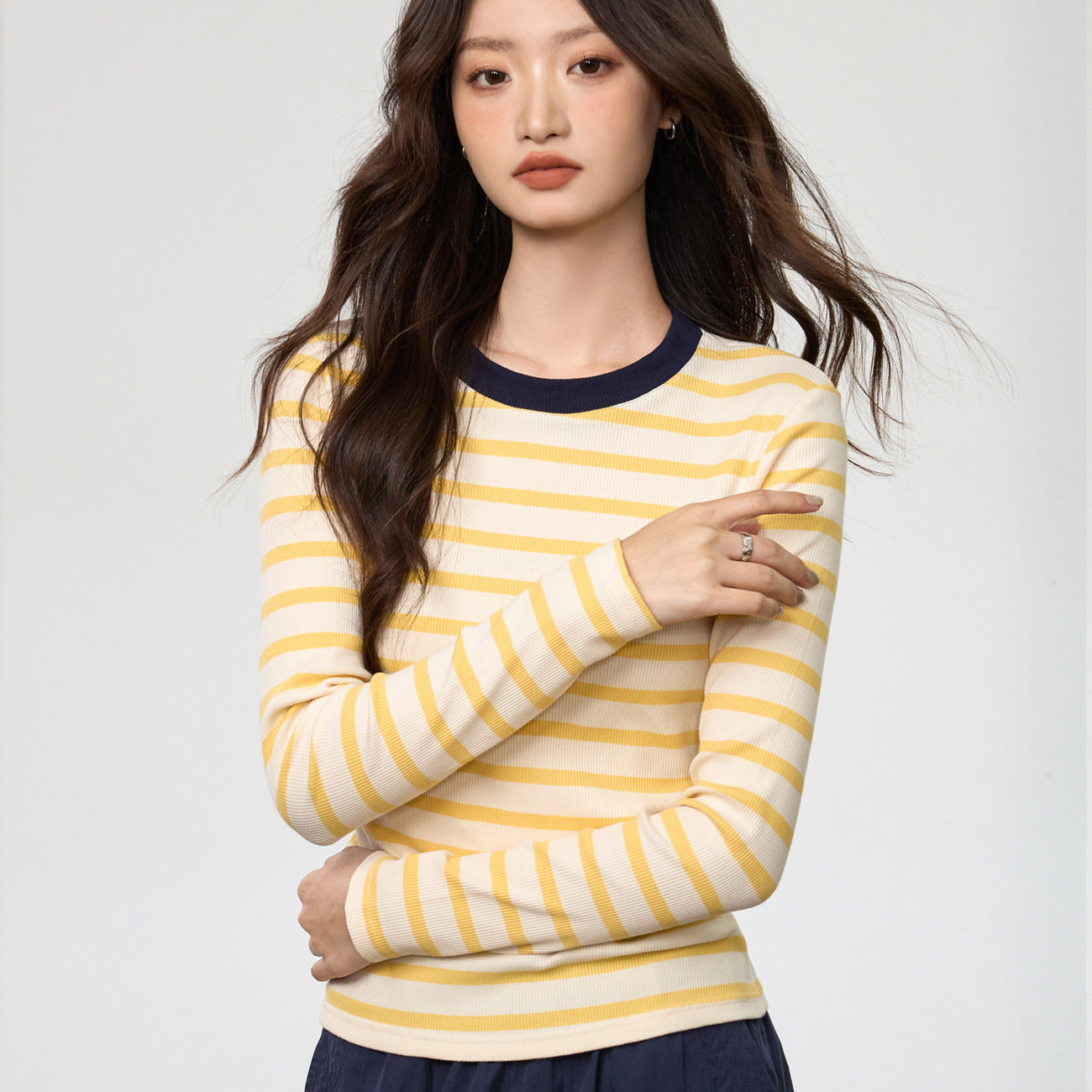 #Selection of pure cotton #Contrasting striped round neck long-sleeved T-shirt women's 2026 autumn and winter new slim-fitting and thin bottoming top