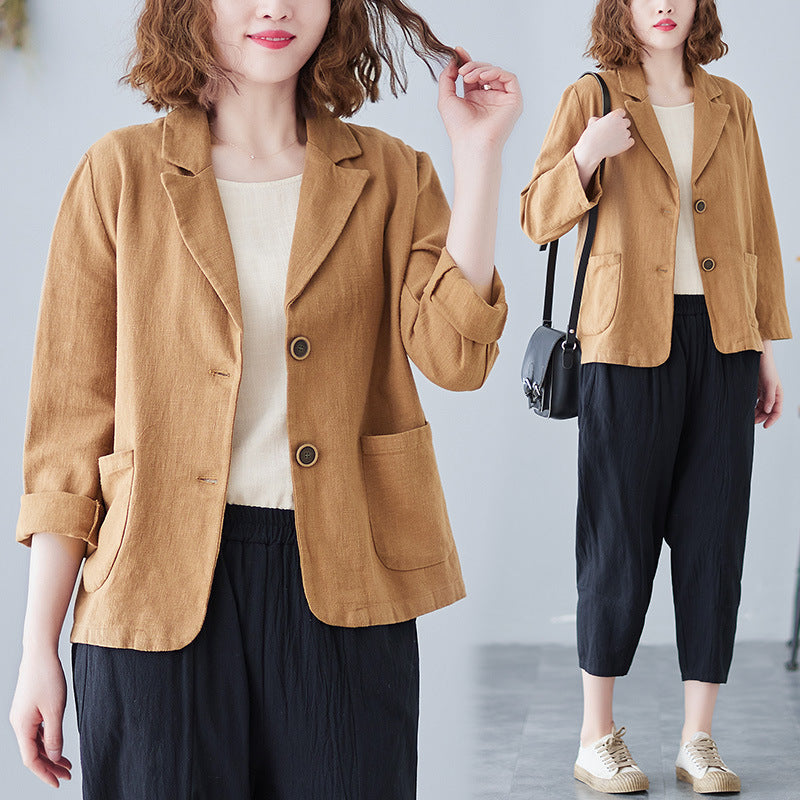 Real shot 2024 autumn new literary and retro loose solid color casual long sleeve button suit short jacket women 6028