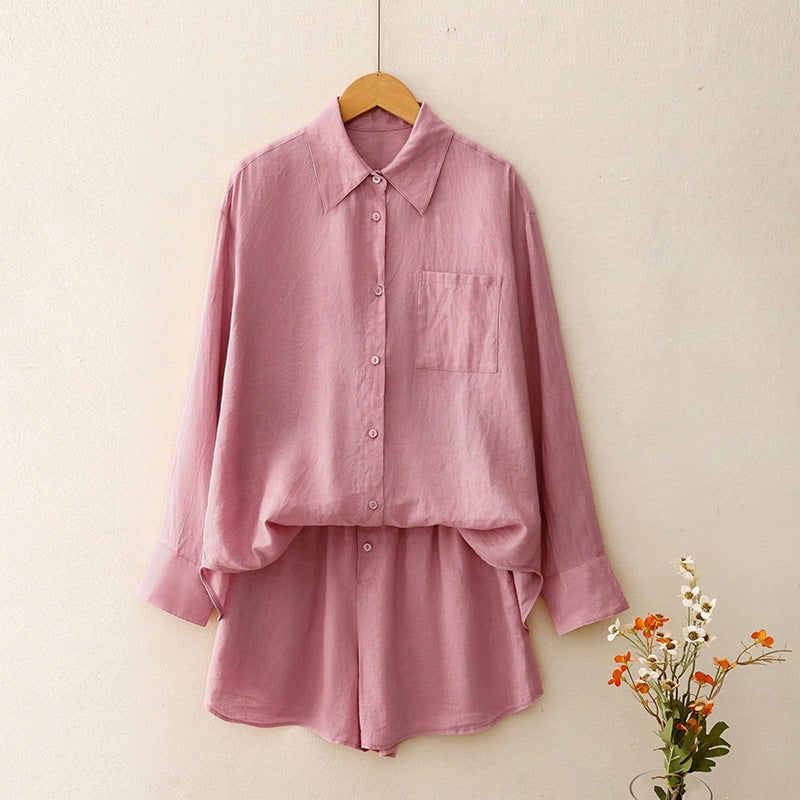 Real shot 2025 summer new shirt women's slack sunscreen shirt + shorts two-piece set women's