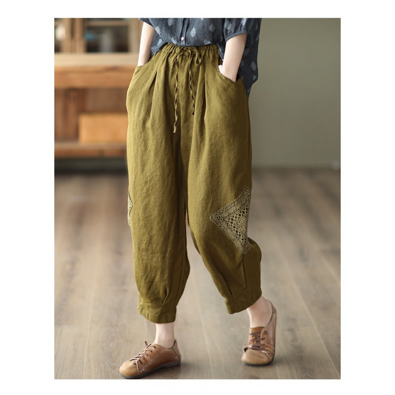2025 summer new literary loose solid color cotton and linen elastic waist Harlan pants women's nine-point pants #1319