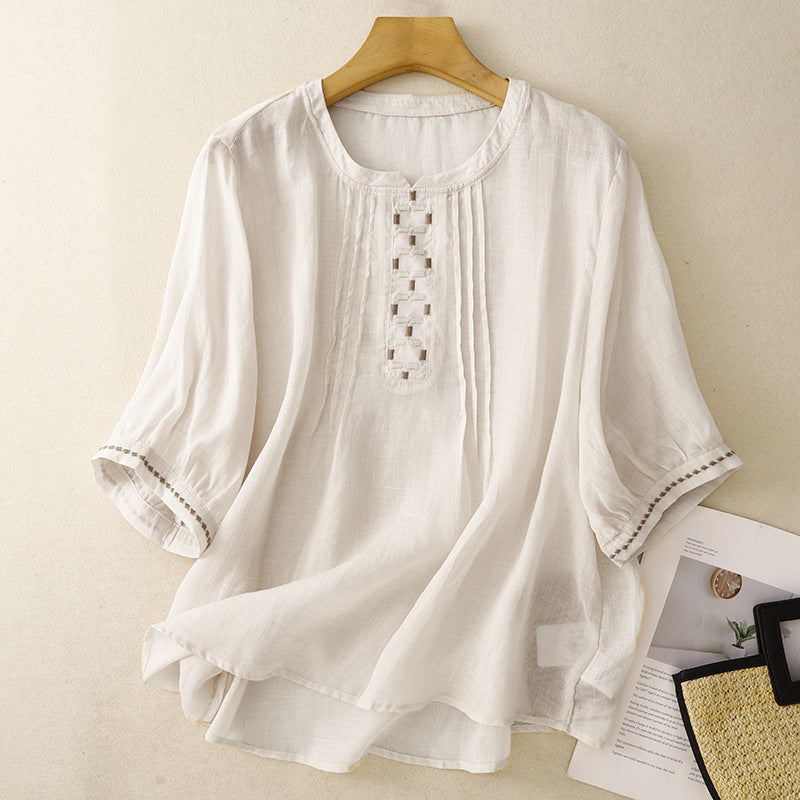 Real shot 2025 new literary and retro age-reducing round neck pleated thin cotton and linen embroidered shirt top women