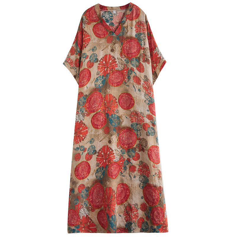 Real shot 2024 summer thin V-neck cotton and linen large size loose medium and long literary holiday wind beach dress women