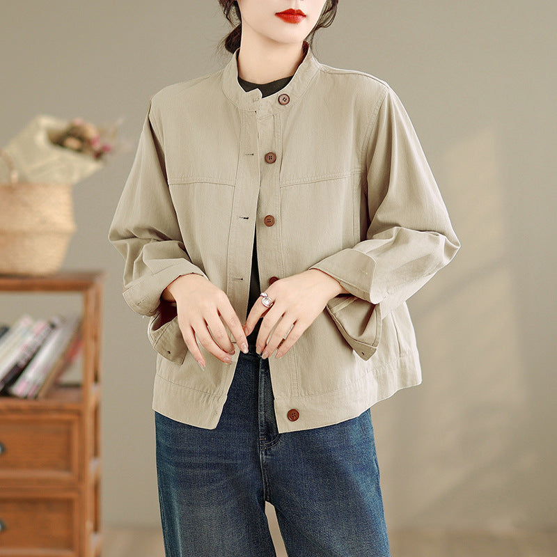 Real shot 2025 autumn and winter new small short stand-up collar loose tooling jacket top coat women