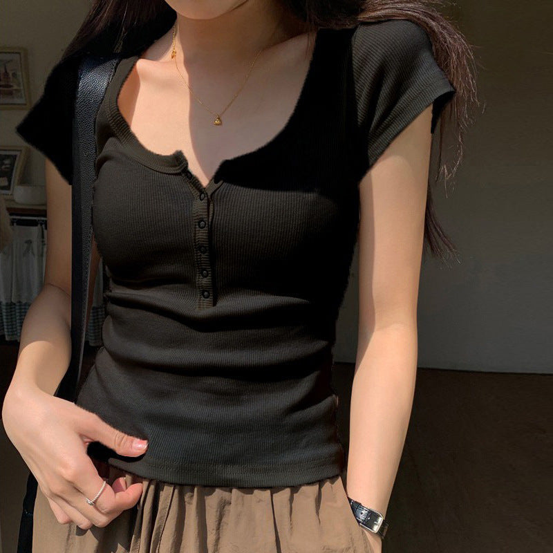 Threaded cotton button-up T-shirt women's short-sleeved 2026 summer new square collar versatile outer wear slim-fitting and thin top bottoming shirt