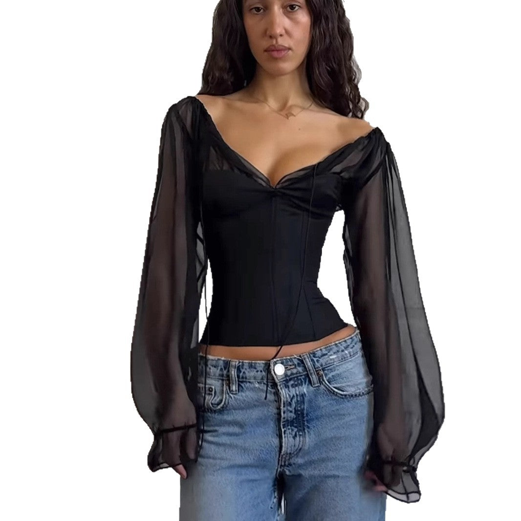 Niche design sense European and American temperament chiffon lantern sleeve top deep V-neck sexy waist short long-sleeved shirt women