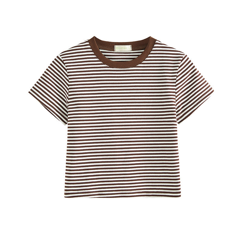 #260G combed cotton #striped T-shirt women's 2026 summer new high-waisted short contrasting color foreign style short-sleeved top