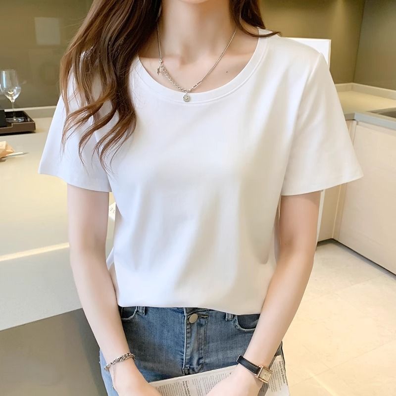 Export to domestic sales, pure cotton loose white short-sleeved women's t-shirt 2025 summer new thin shoulder versatile top