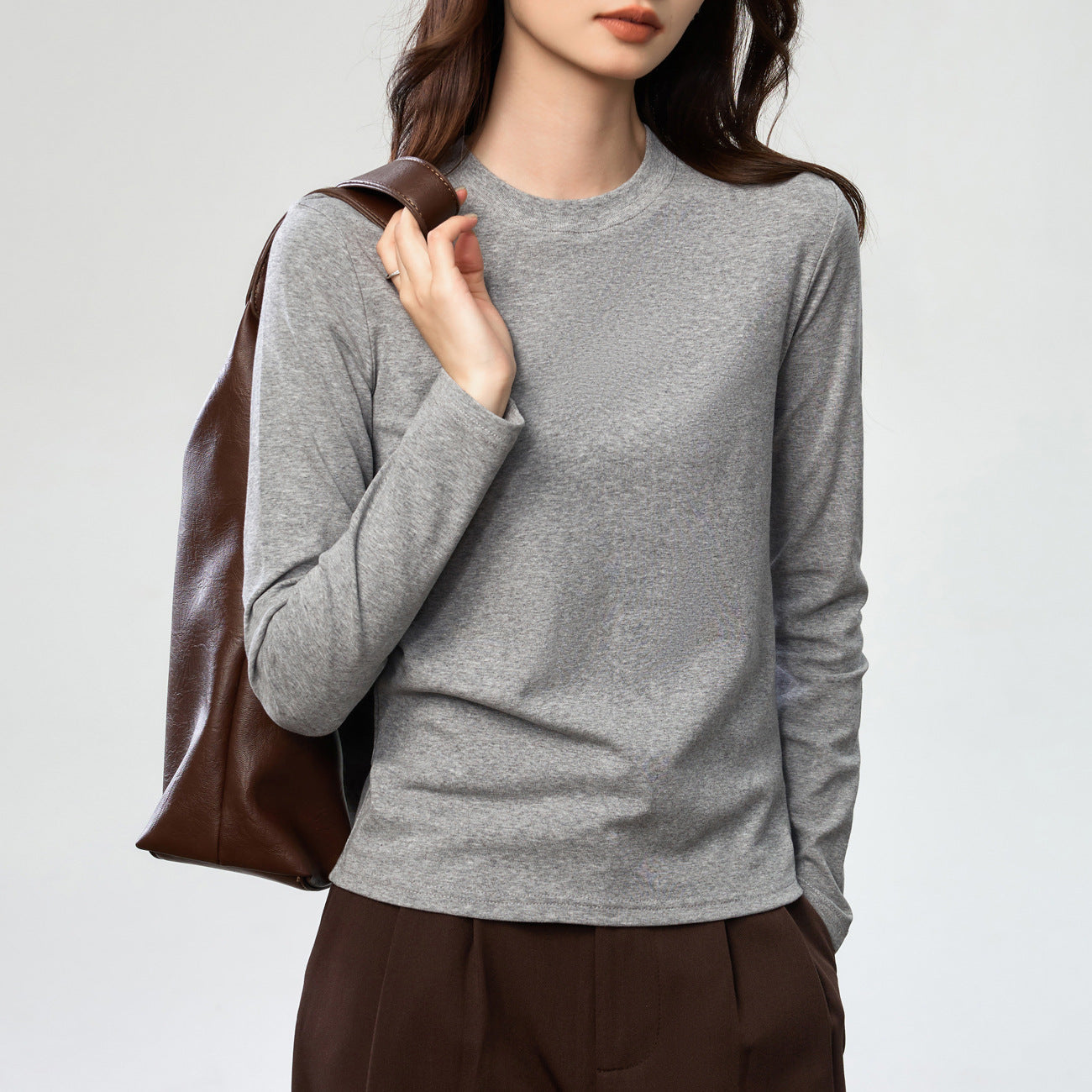 40 combed pure cotton, loose straight T-shirt women's semi-high round neck long-sleeved bottoming shirt solid color versatile pink top