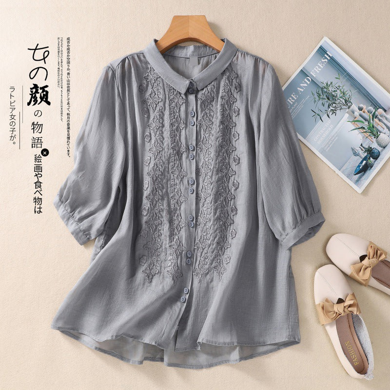 Real shot 2025 summer new literary loose embroidery flower lapel seven-quarter sleeve shirt blouse top #8360