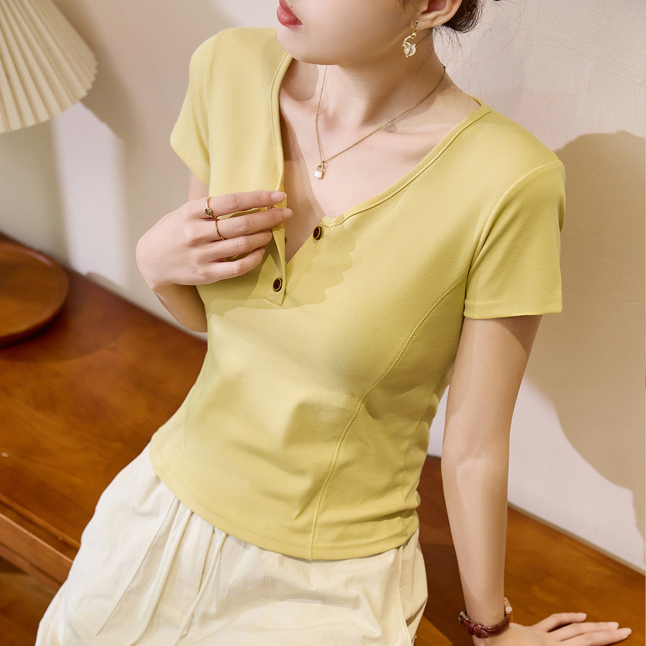 #Combed pure cotton #Premium design sense V-neck short-sleeved T-shirt women's summer 2026 new retro button-up front shoulder top