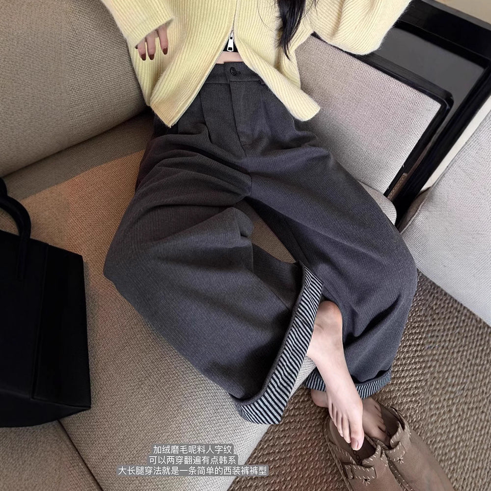 Cheongdam-dong Oni herringbone pattern velvet flanged two wear random adjustment thickened woolen pants women
