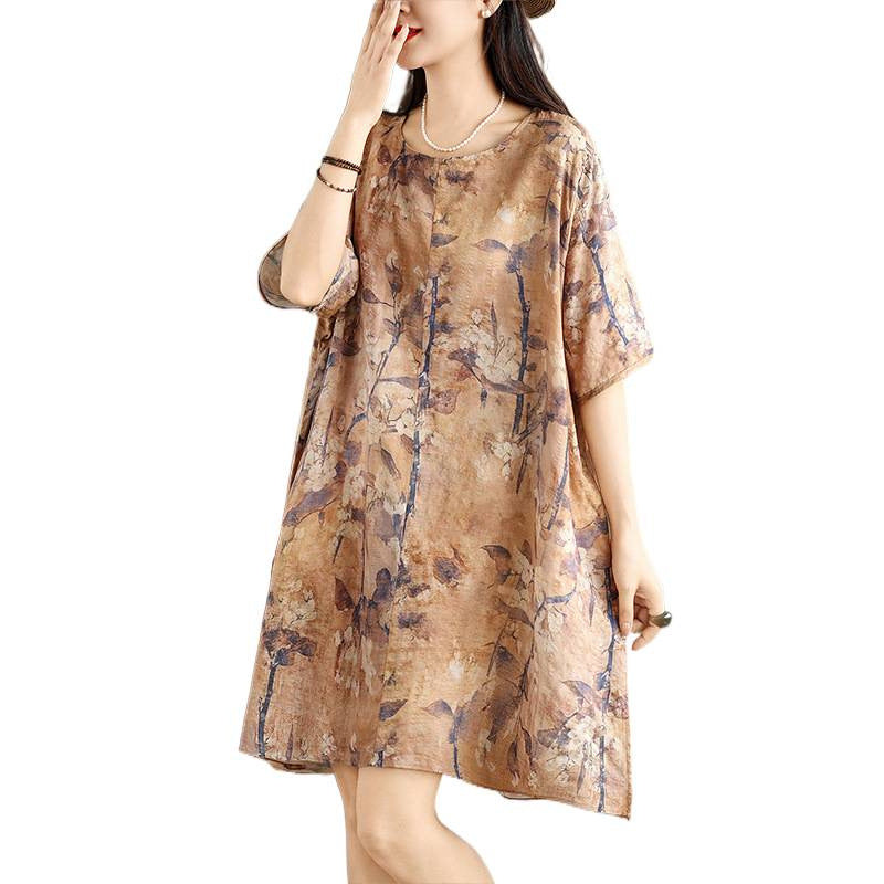 2025 summer thin round neck pullover dress women's loose large size retro literary floral A version medium skirt