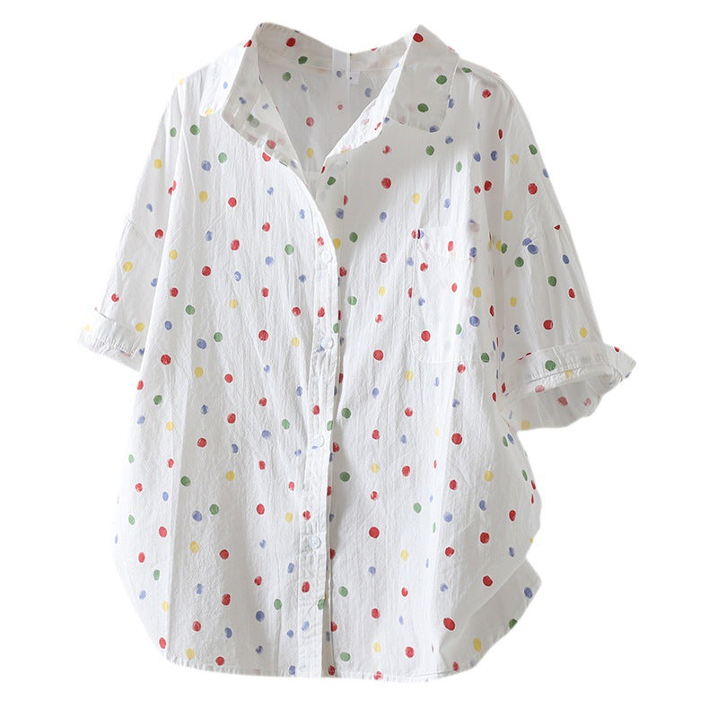 Real shot 2024 summer new literary and retro loose and thin printing casual age-reducing short-sleeved shirt top women