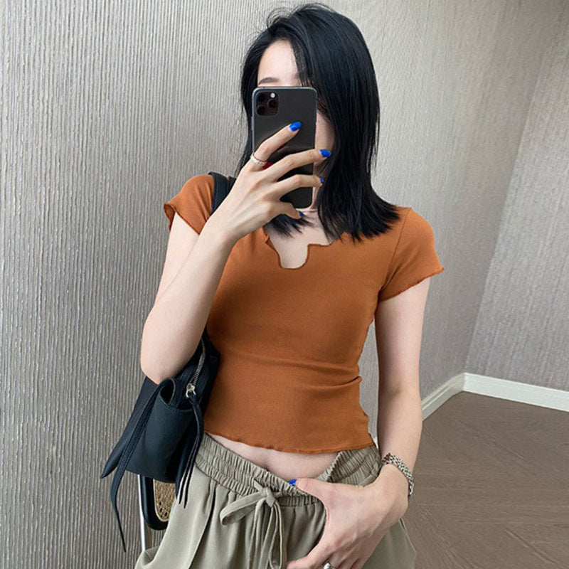 High waist dew belly button curling 2026 summer new cotton short t-shirt women's short-sleeved Spice Girl slim-fit shoulder top