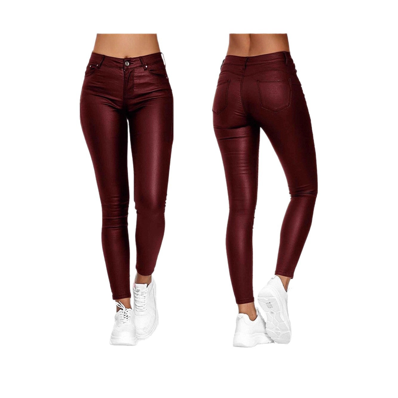 Cross-border Amazon 2025 Women's New Fashion High Waist Solid Color Leather Casual Pants Pants Leather Pants Long Pants Women