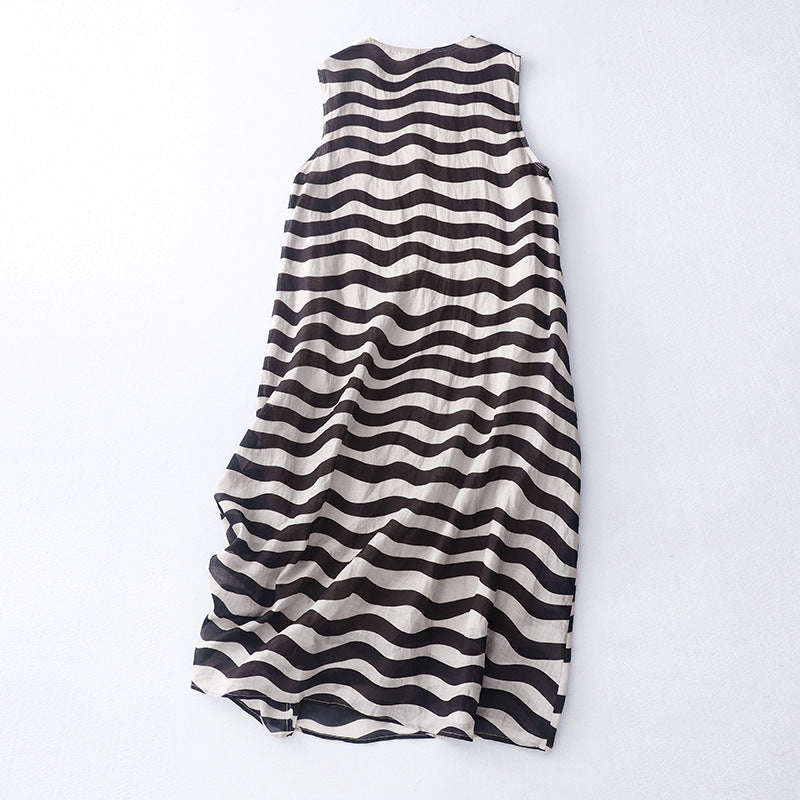 New cotton and linen dark grid 2023 striped single-layer printing light and cool V-neck sleeveless dress women