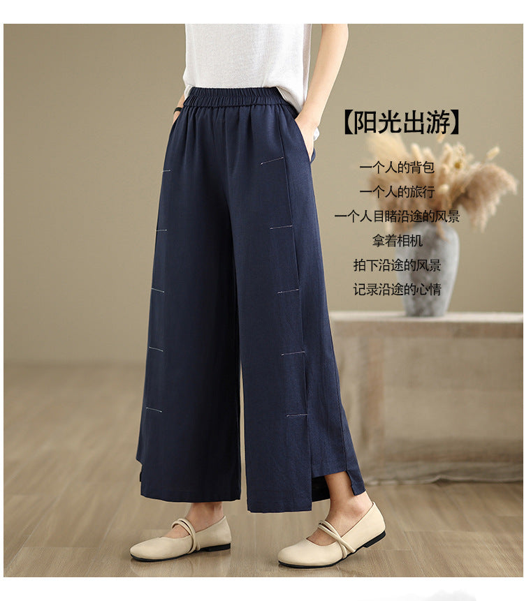 Real shot 2025 spring and summer new cotton and linen large size literary loose casual wide-leg pants women's clothing