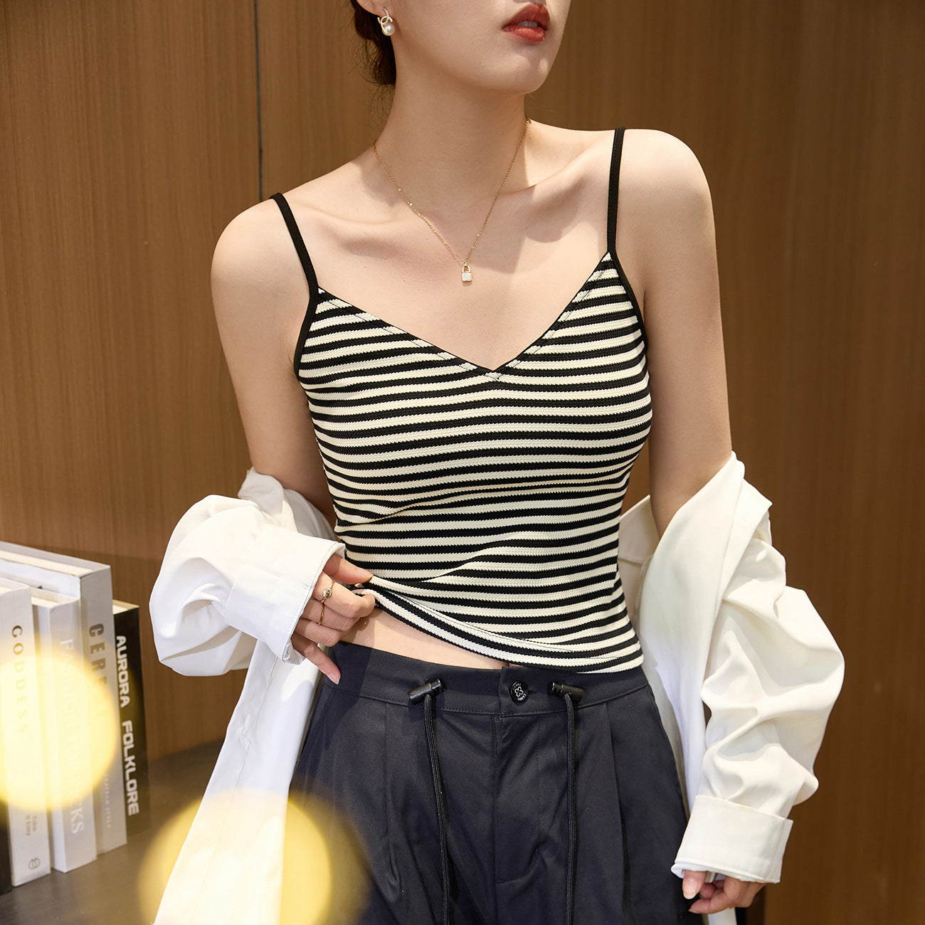 Selection of pure cotton striped sling vest women's summer 2026 new V-neck sexy backless babes wear sleeveless inside and outside