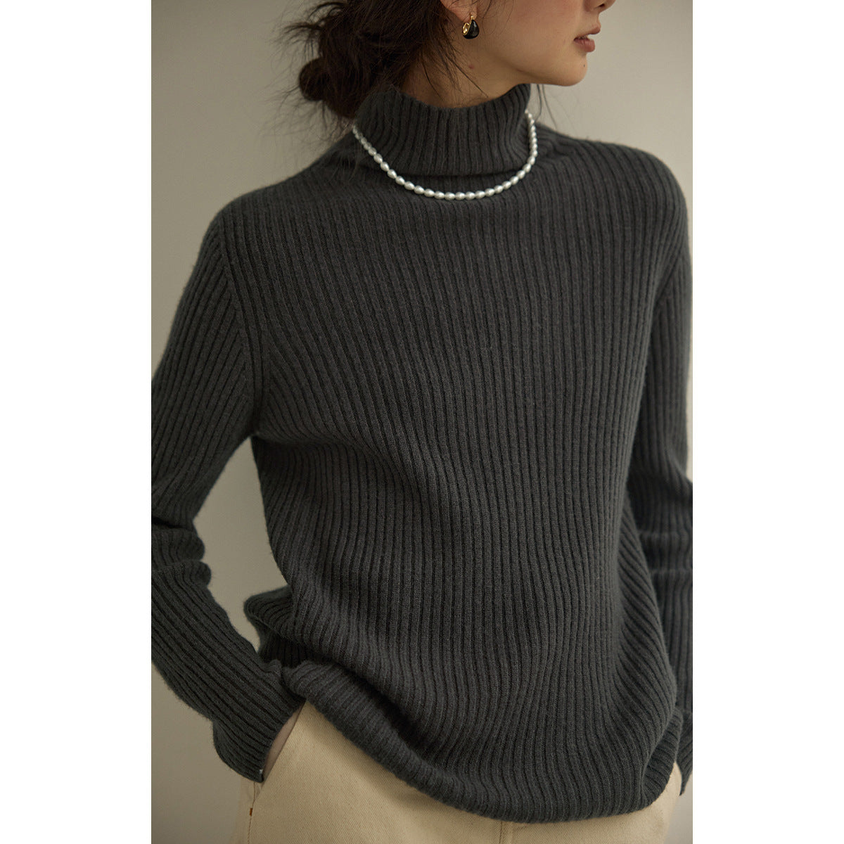 Solighter all-wool turtleneck vertical pit strip bottoming sweater women's autumn and winter 2025 new inner knitted top