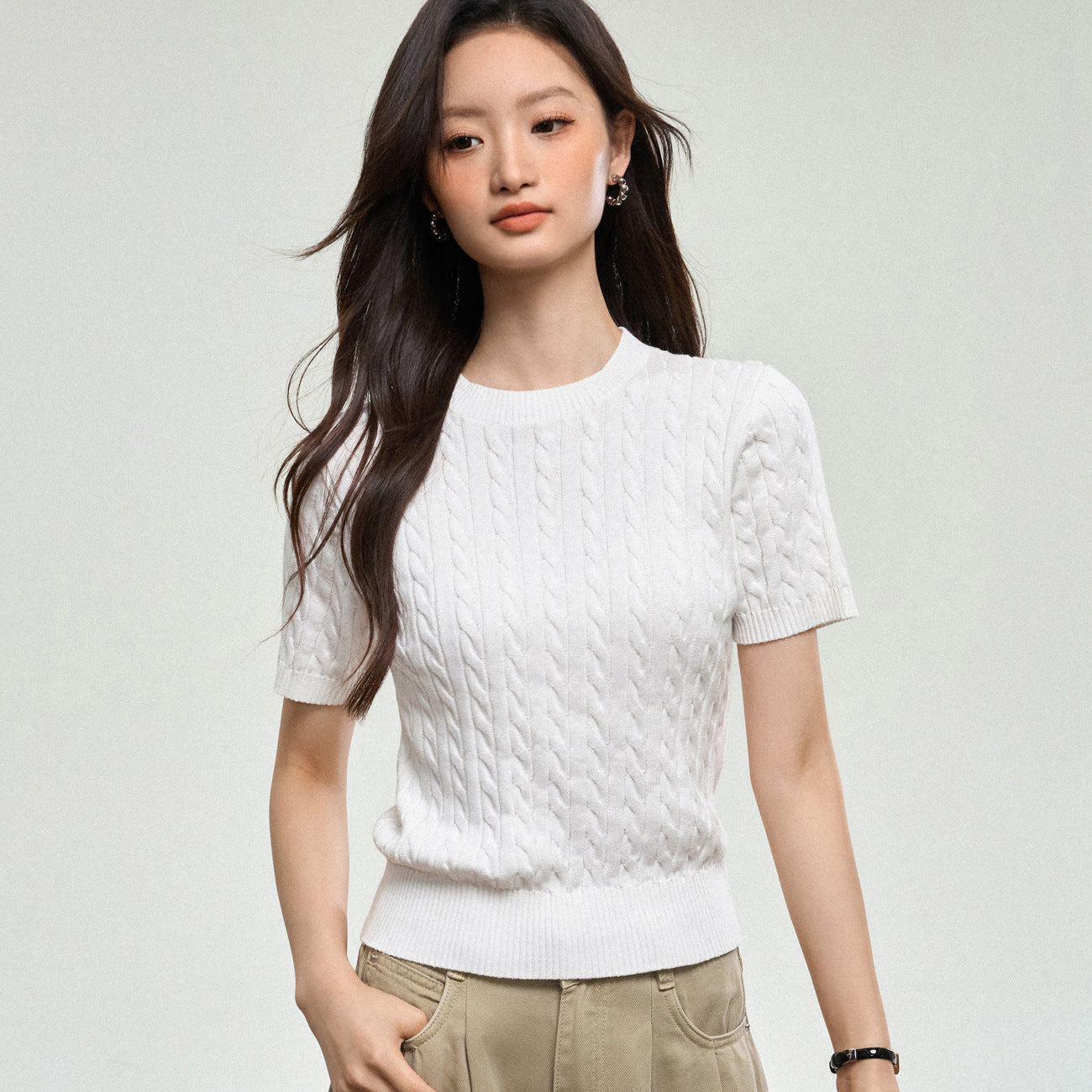 100% cotton knitted sweater women's summer new temperament high-end sense thin twist thin short-sleeved crew neck top thin