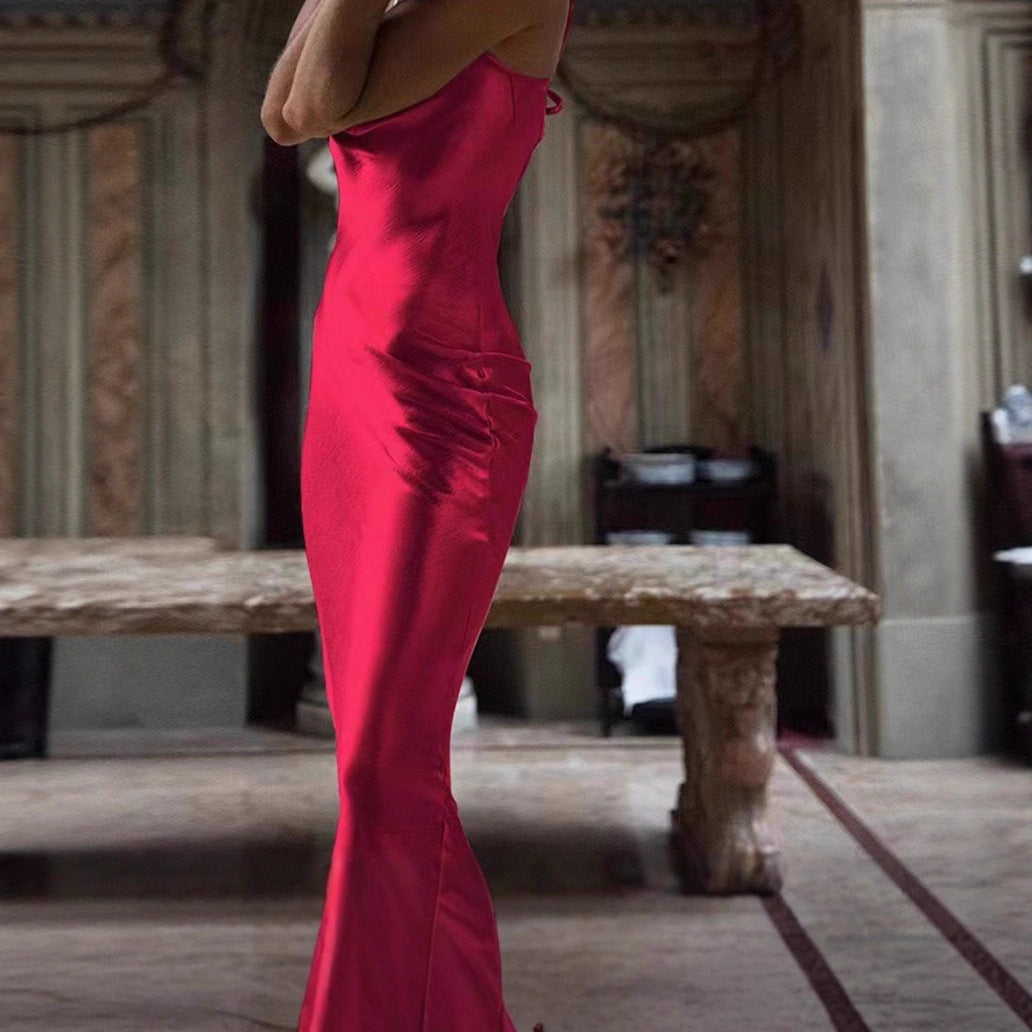 2025 Summer Amazon AliExpress Solid Color Satin Temperament Suspender Step Fishtail Dress Dress Female Elegance