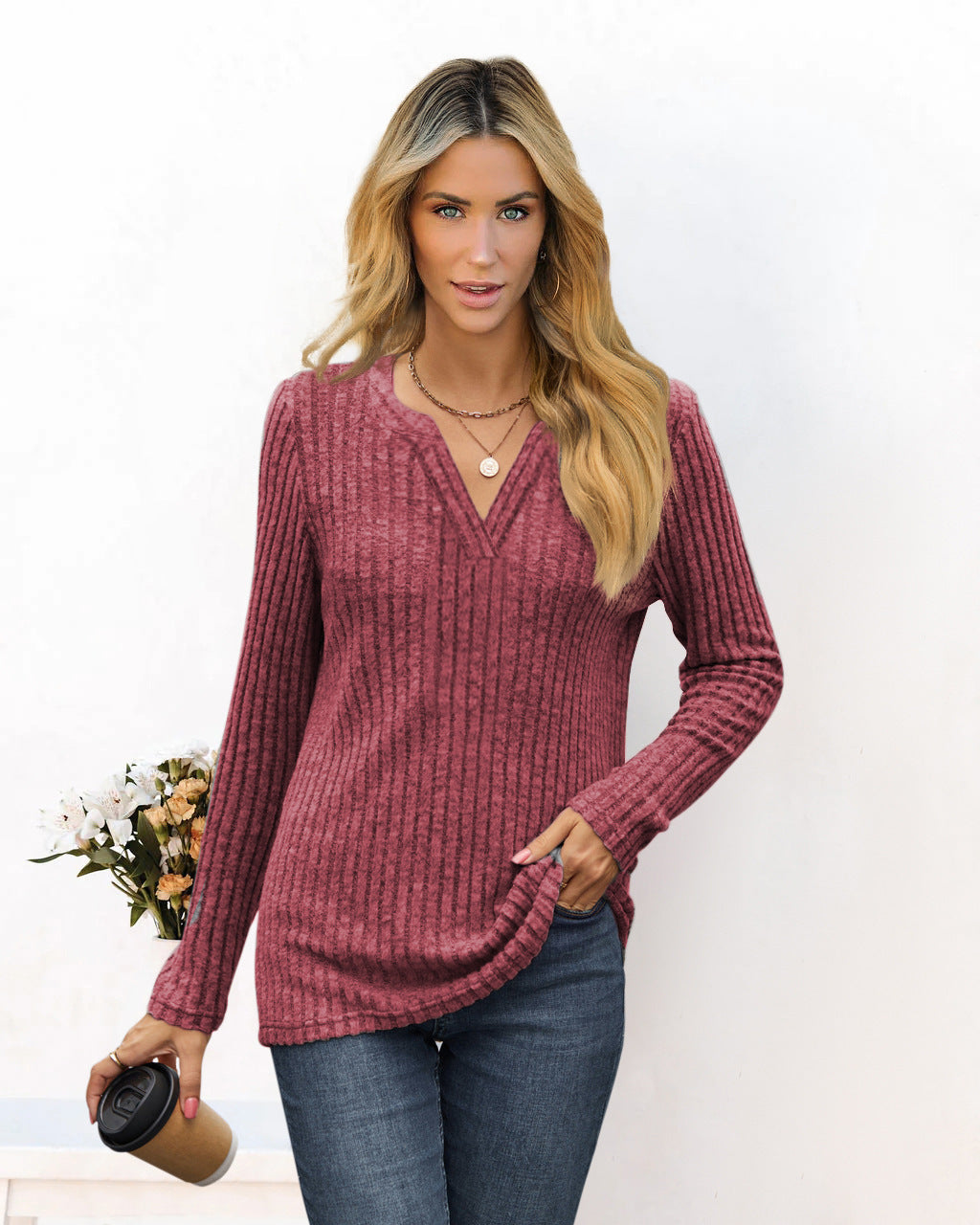 Amazon 2025 European and American cross-border foreign trade autumn and winter new solid color V-neck loose casual long-sleeved T-shirt top women