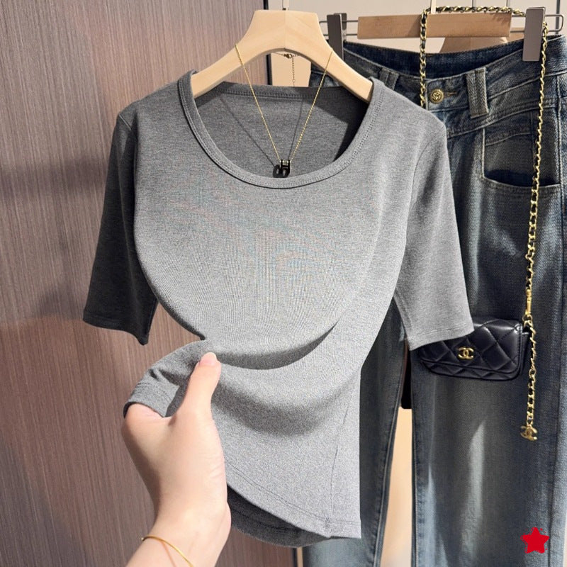 Dark gray round neck five-quarter-sleeved bottoming shirt T-shirt women's spring and autumn threaded half-sleeved U-neck medium-sleeved front shoulder top shirt
