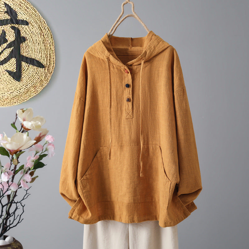 Real shot 2025 autumn new retro buckle new Chinese women's long-sleeved cotton and linen top hooded pullover sweater