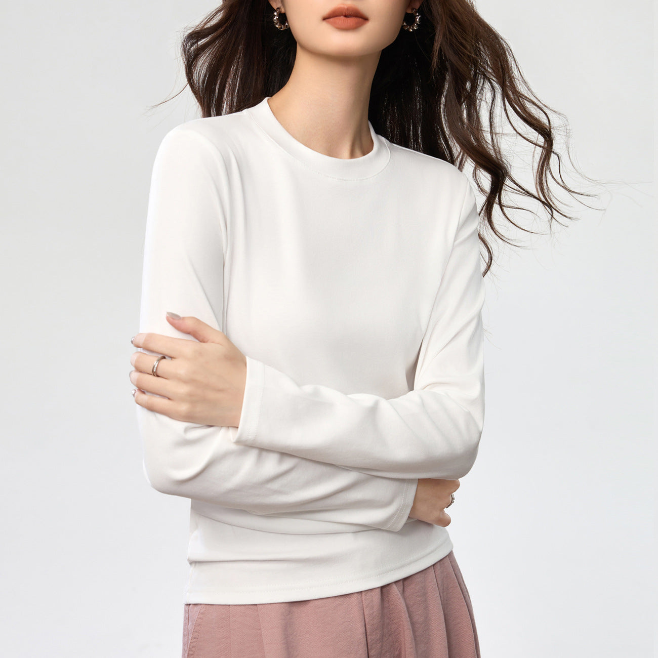 40 combed pure cotton, loose straight T-shirt women's semi-high round neck long-sleeved bottoming shirt solid color versatile pink top