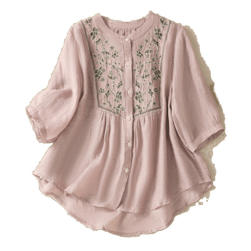 Real shot 2025 summer new cotton and linen literary retro embroidery stand-up collar single-breasted shirt embroidered top women