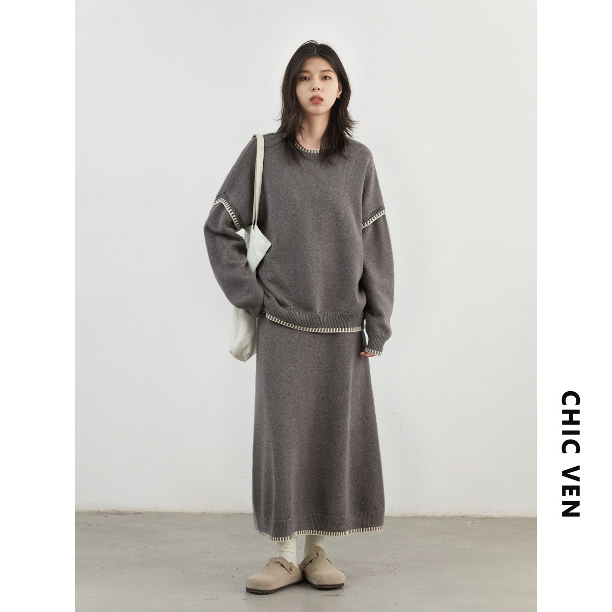 CHICVEN "Free Run" Winter New Lazy Crew Neck Contrasting Edge Sweater Knitted Skirt Set