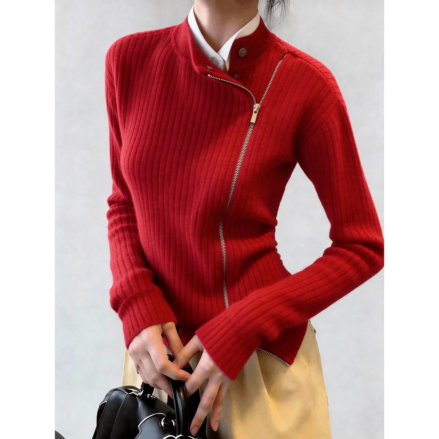 2025 winter popular red fake two-piece knitted sweater femininity age-reducing versatile comfortable slim-fitting and thin top