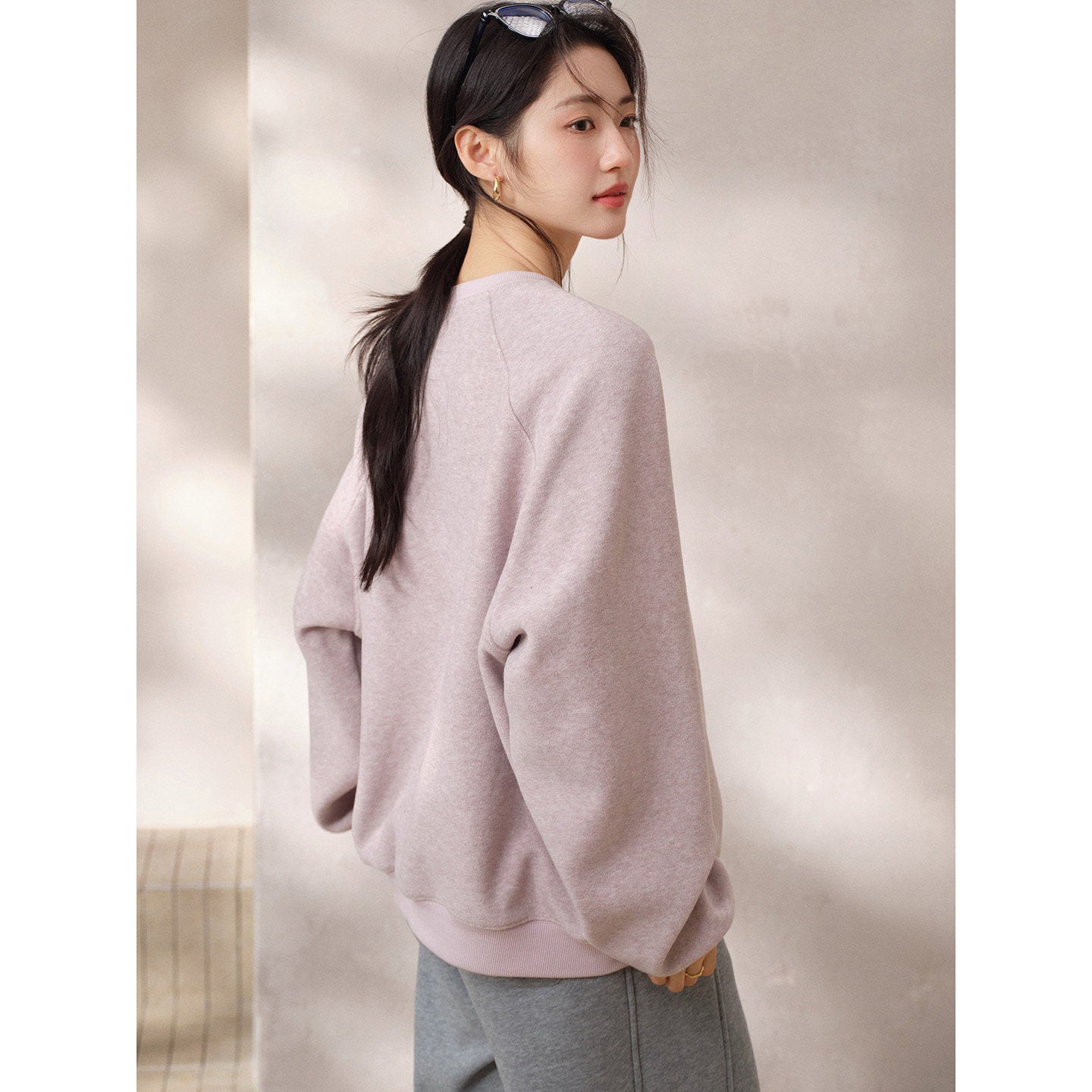 JOMI STUDIO Gentle Cream Purple, Cross Stitch Bear Crew Neck Sleeve Embroidered Sweater Women's Spring Top