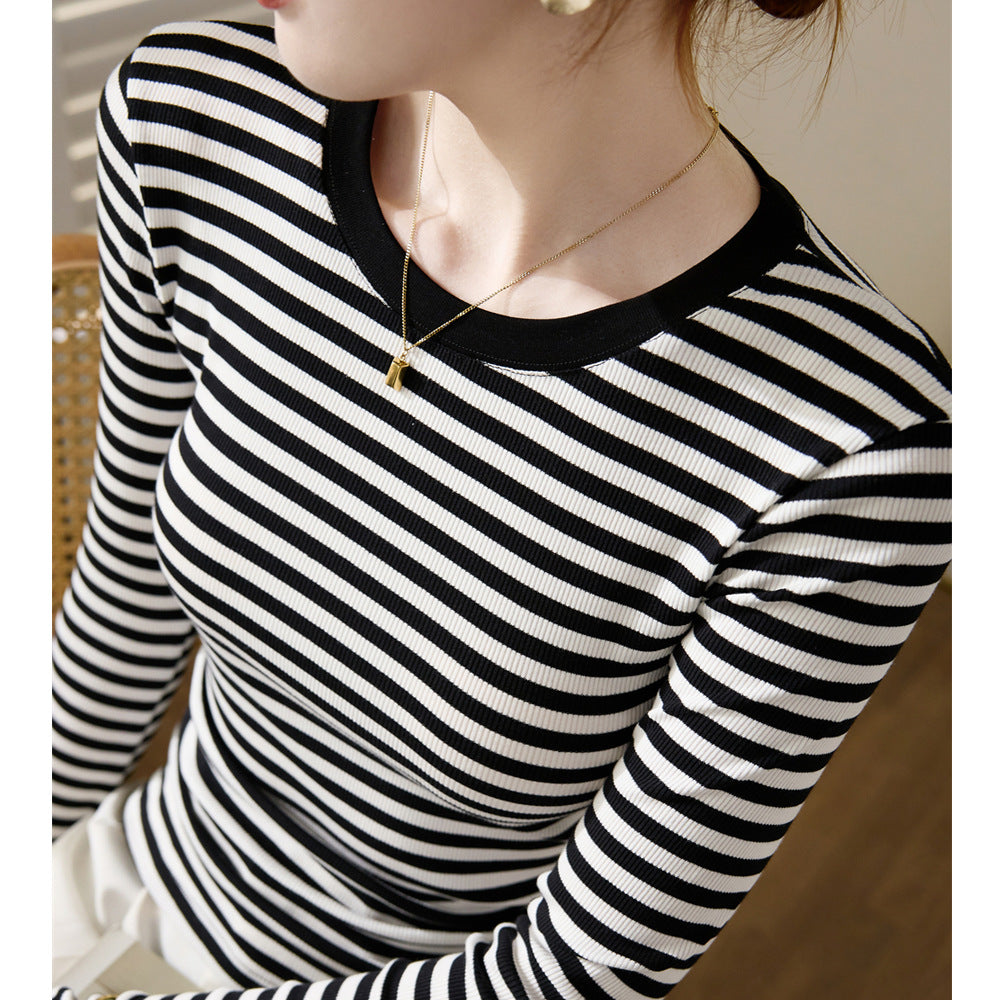 High quality, black and white striped t-shirt women's pure cotton 2026 autumn and winter wear new slim-fit front shoulder top long-sleeved bottoming shirt