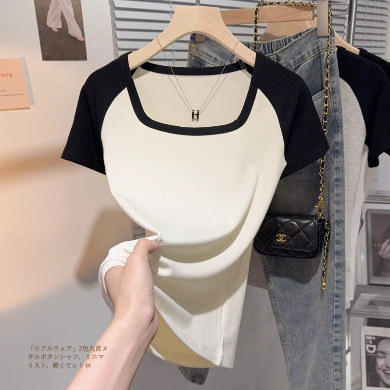 Gray square collar contrasting color versatile slim-fitting short-sleeved T-shirt women's summer new temperament thin tights bottoming shirt