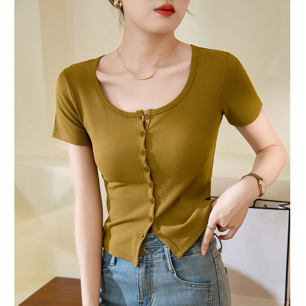 [High quality] Single-breasted button-up T-shirt women's short-sleeved 2026 summer new threaded cotton high-waisted short top
