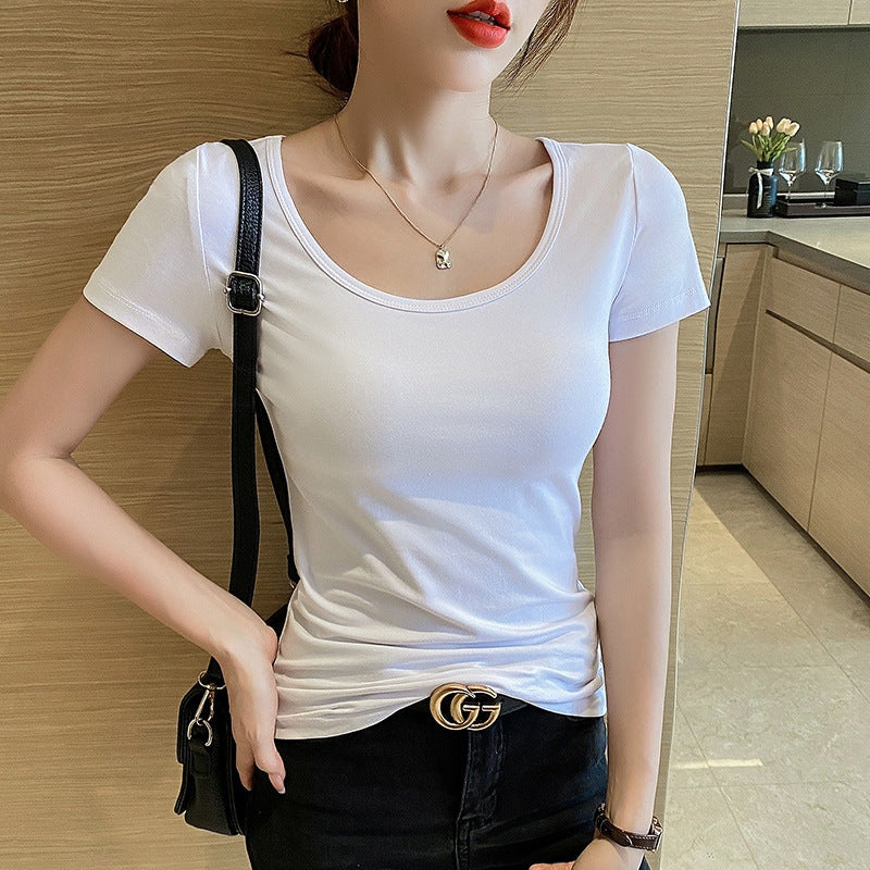 U-neck white versatile short-sleeved T-shirt women's American slim-fitting half-sleeved top low-necked bottoming shirt slim-fitting