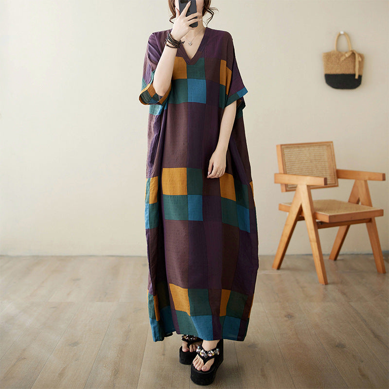 Real shot 2024 summer V-neck cotton and linen large size loose literary holiday wind beach skirt retro long robe woman