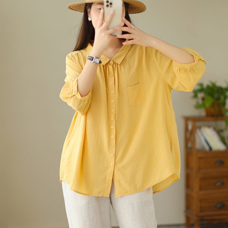 Real shot 2025 summer new large size solid color four-eye buckle retro literary loose and thin shirt top women