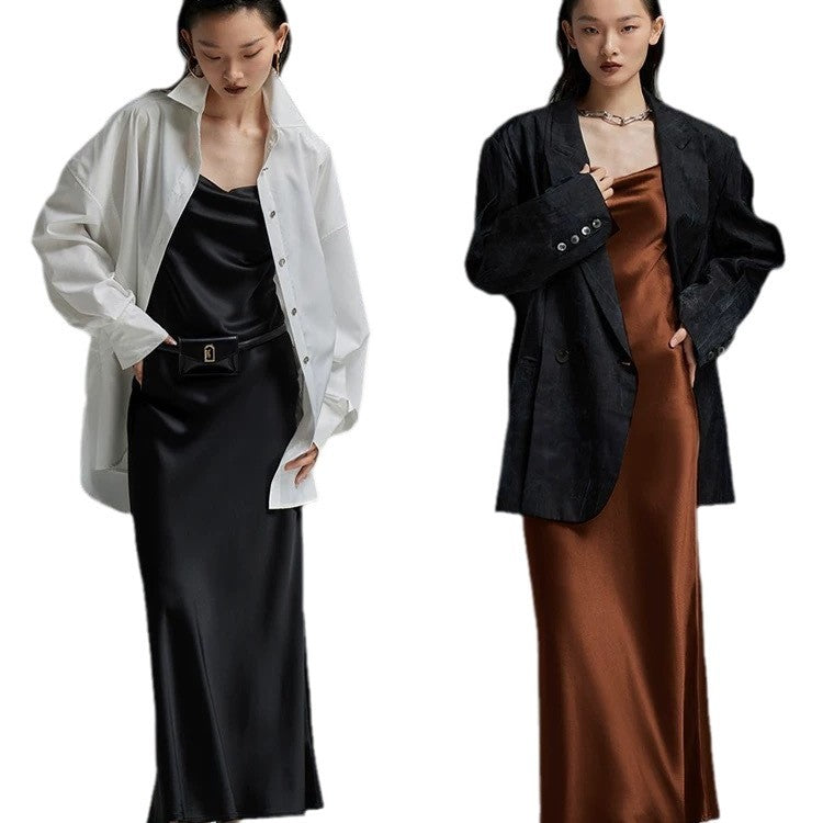 Heavy diagonal cut long tall triacetic acid satin long dress swing neck split fork long suspender dress women's autumn