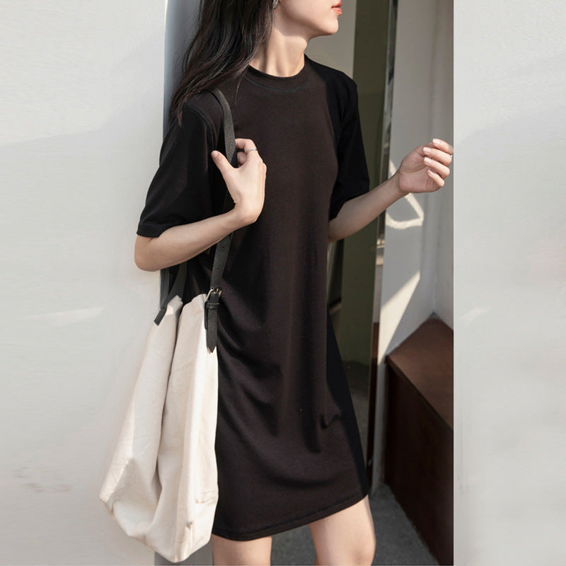 High quality pure cotton black small dress women's summer 2026 new slightly fat medium and long t-shirt short-sleeved t-shirt skirt
