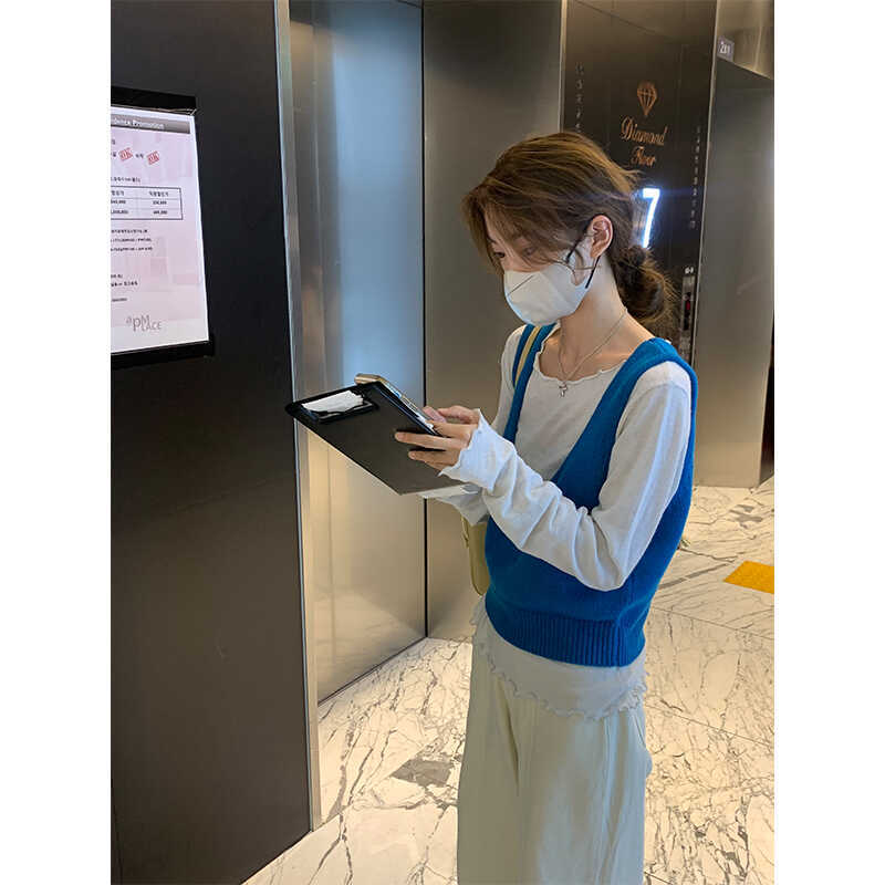 HAVE U wool knitted vest u neck elastic short small Korean ins wind wide shoulder strap stacked vest women