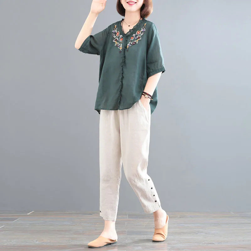 In the summer of 2025, the new Korean version of cotton and linen large-size meat-covering embroidered top + pants/two-piece suit for women