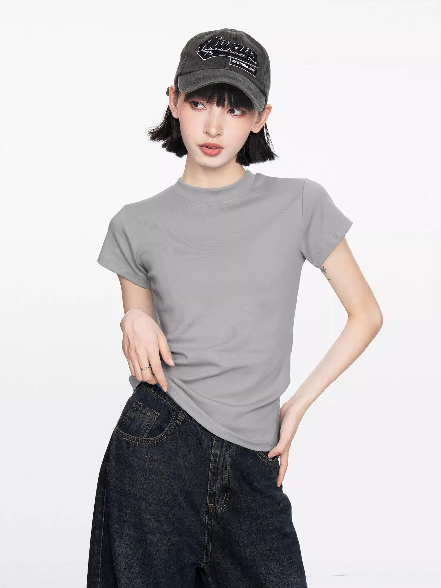 Summer new front shoulder basic short-sleeved t-shirt women's small slim and thin short solid-color top trendy