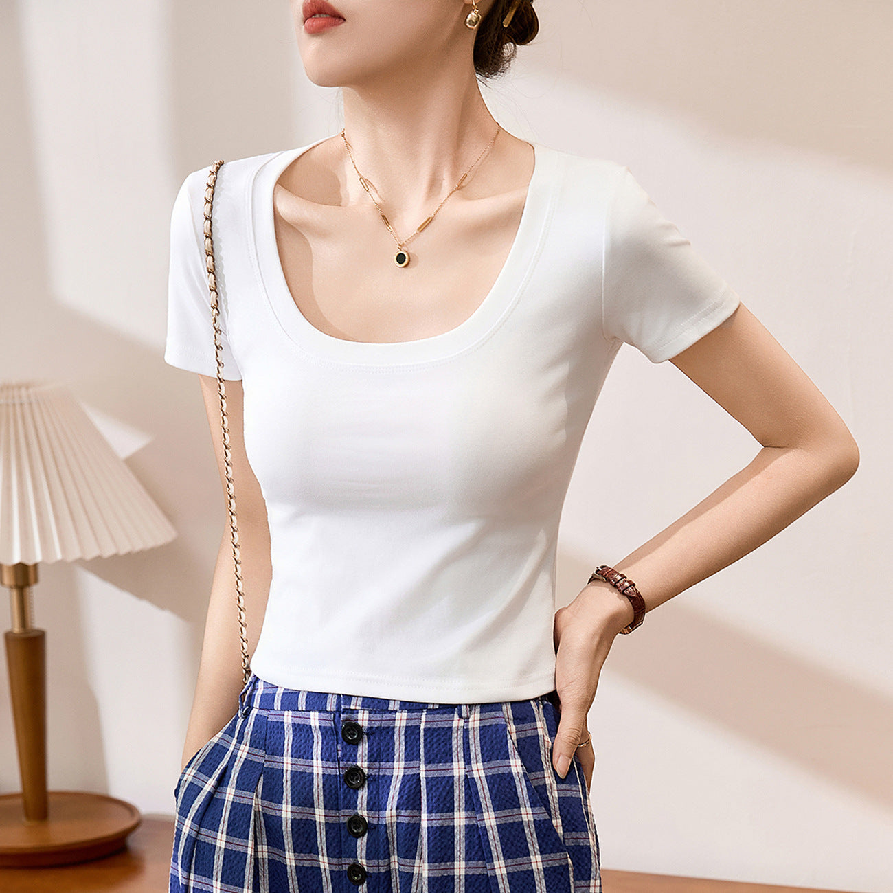 #Combed pure cotton #High waist short T-shirt women's summer 2026 new slim and thin versatile top short-sleeved bottoming shirt