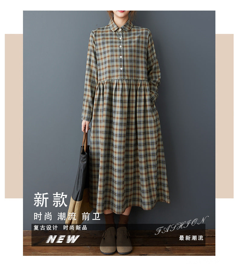Real shot 2025 spring clothes new women's clothing Korean version loose retro polished plaid thin long-sleeved dress medium and long