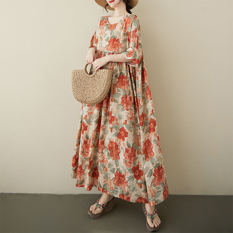 2025 summer new cotton and linen large size literary and retro round neck short sleeve loose foreign trade dress women's clothing