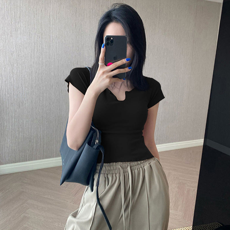 High waist dew belly button curling 2026 summer new cotton short t-shirt women's short-sleeved Spice Girl slim-fit shoulder top